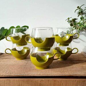 Set (6) Pyrex Roly Poly MCM Coffee Cups Mugs, Clear Glass w/ Avocado Green